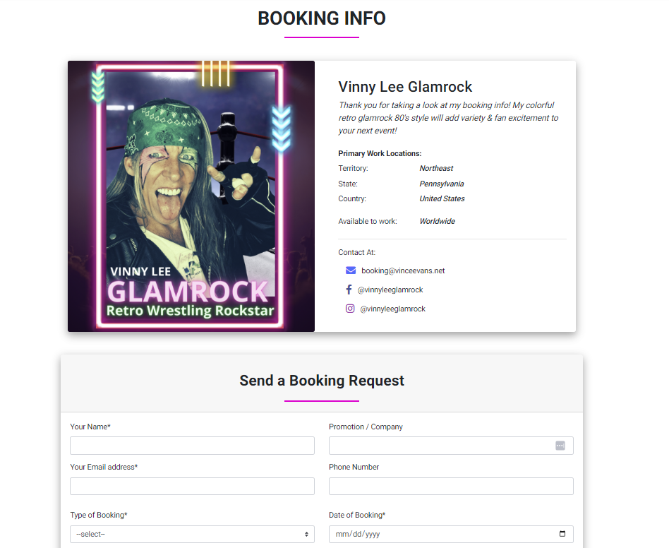 Desktop view of Wrestler's Booking Info